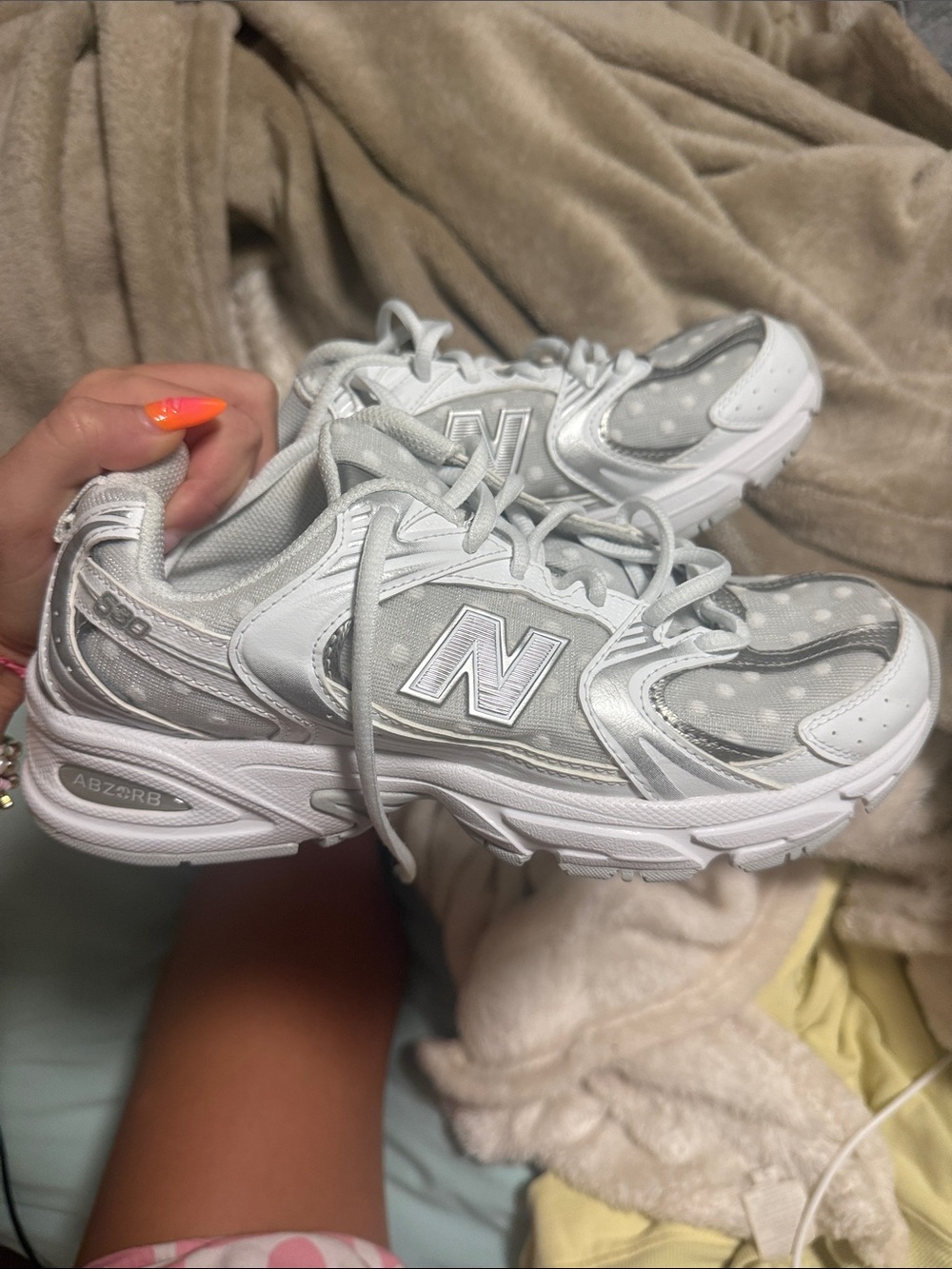 New Balance Silver & White Polka Dot Sneakers